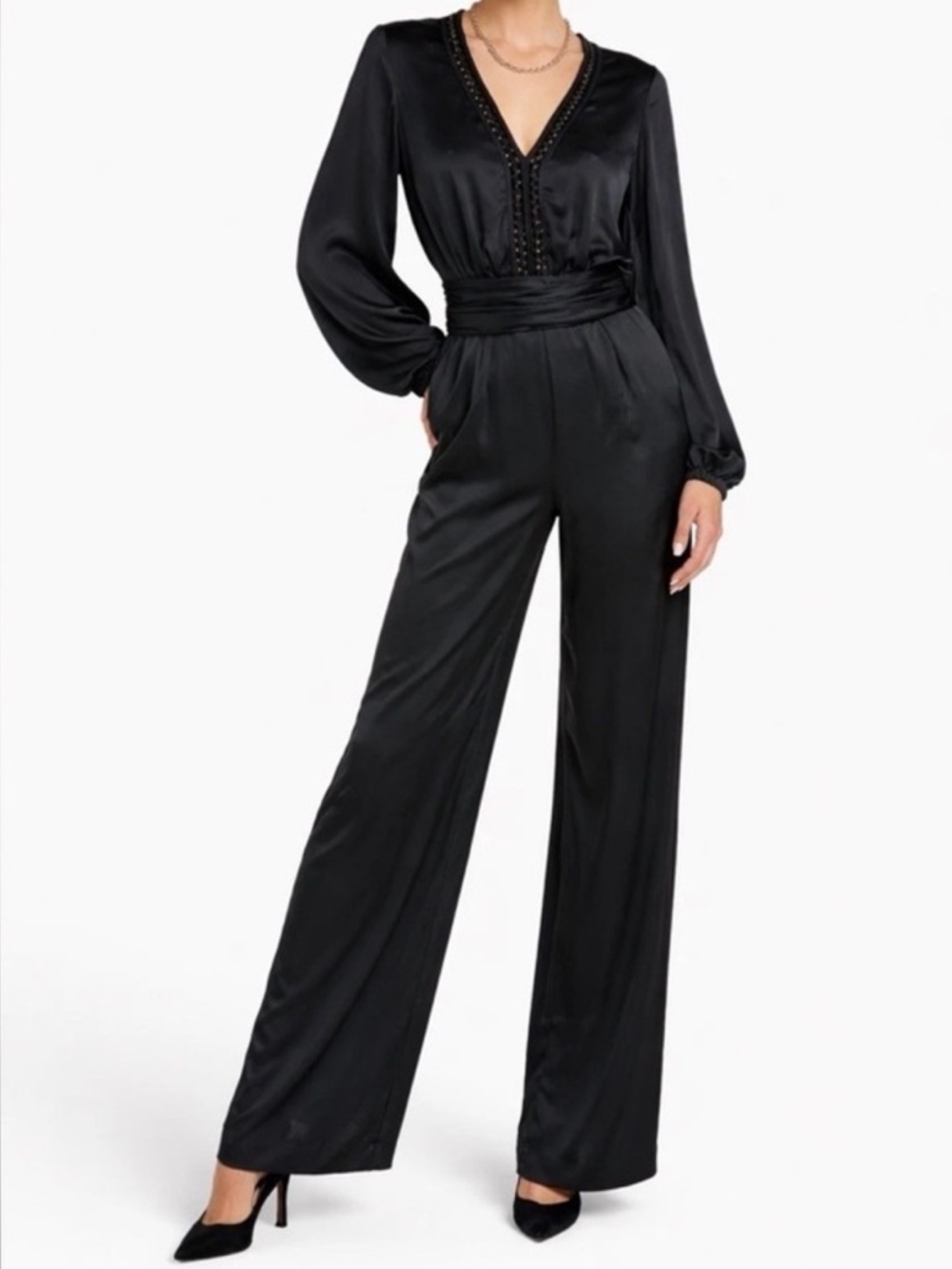 Ramy Brook Bailey Black Satin V-Neck Wide-Leg Jumpsuit NWT $645